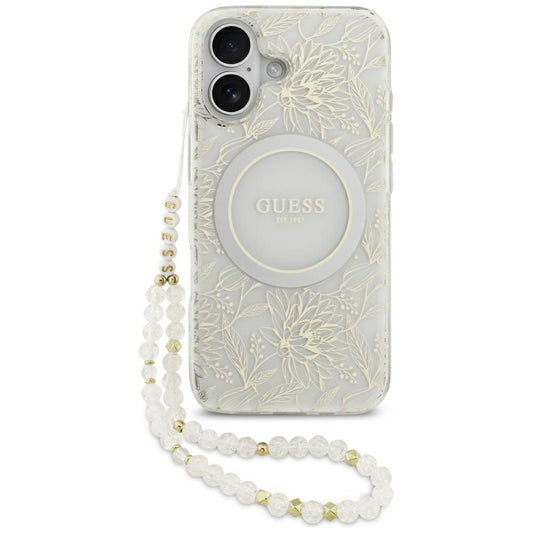 MagSafe-skal för Apple iPhone 17, Guess, IML Flowers with Pearl Strap, Vit