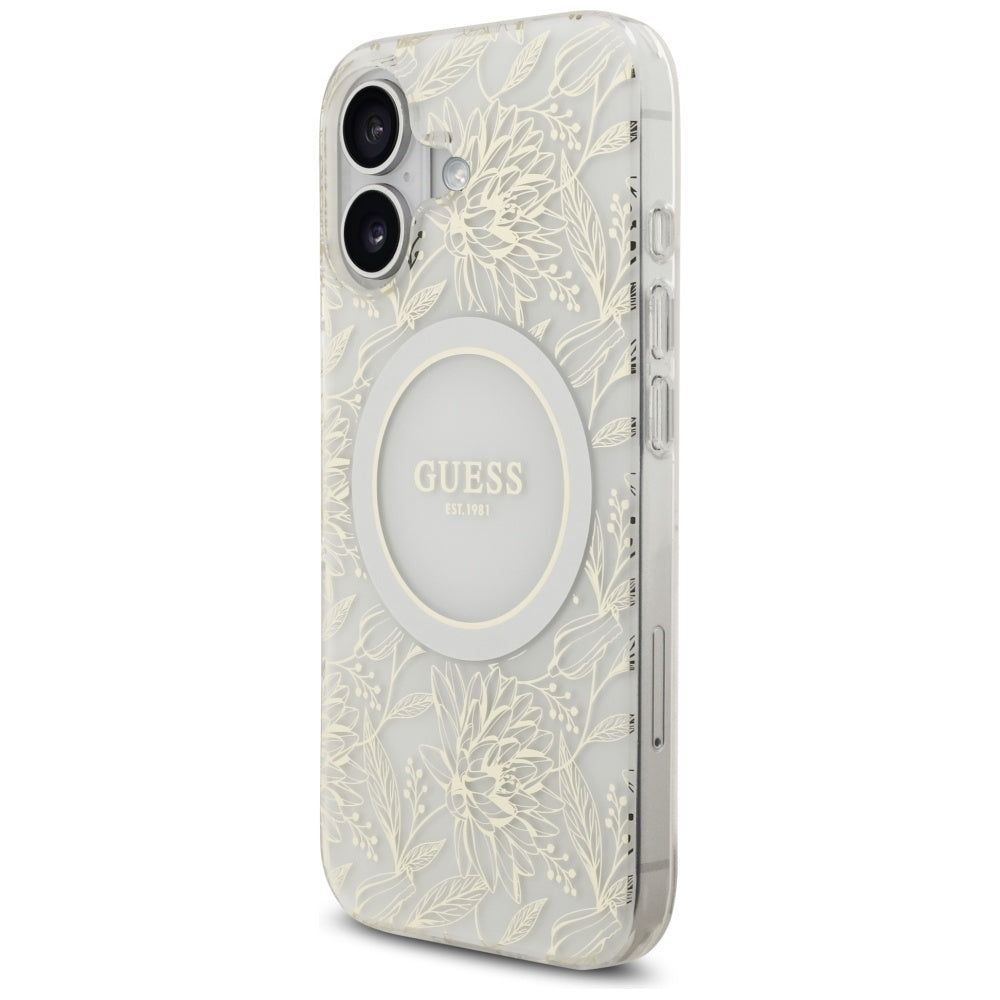 MagSafe-skal för Apple iPhone 17, Guess, IML Flowers with Pearl Strap, Vit