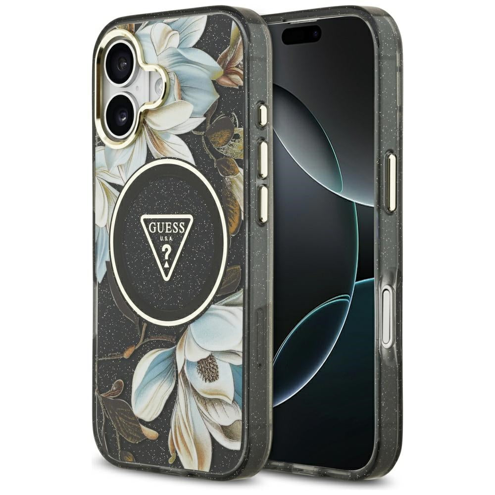 MagSafe-skal för Apple iPhone 17, Guess, IML Metal Glitter Flowers Triangle, Svart