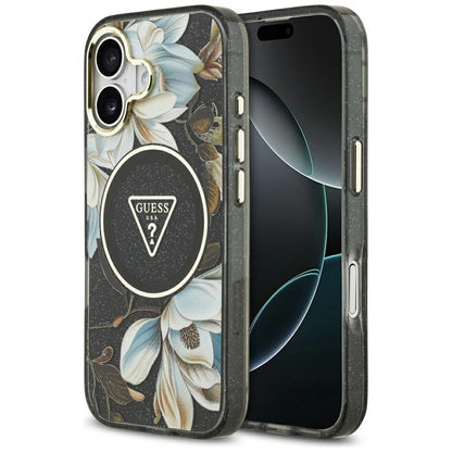 MagSafe-skal för Apple iPhone 17, Guess, IML Metal Glitter Flowers Triangle, Svart