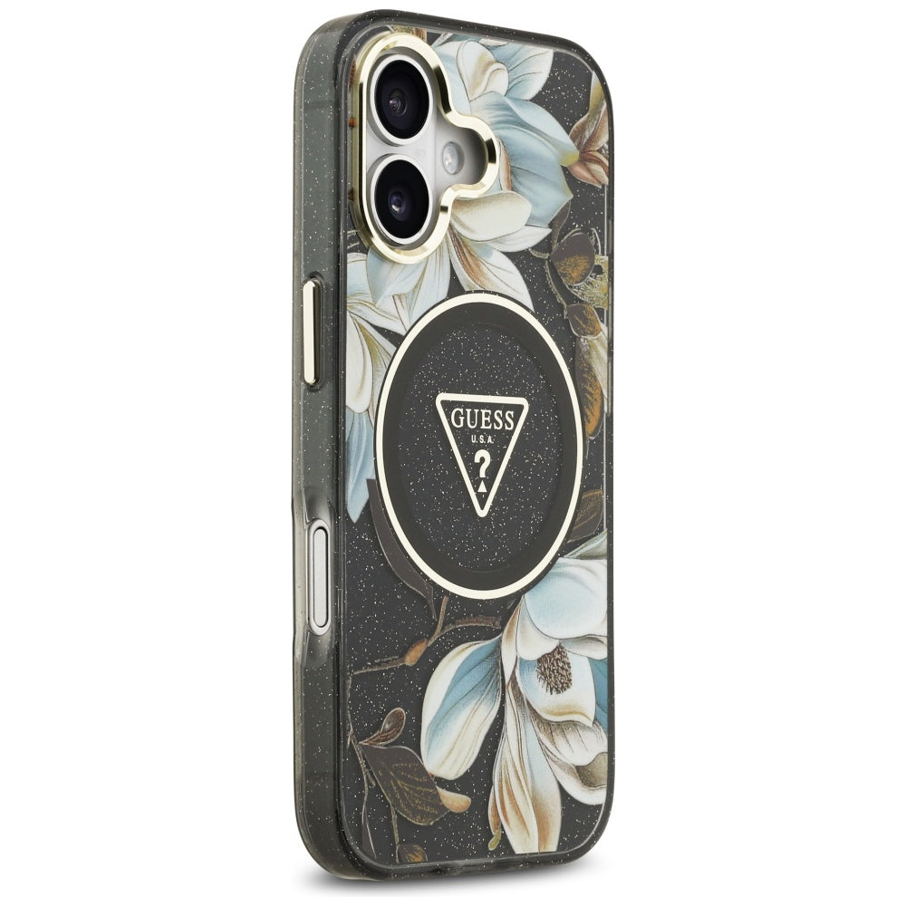 MagSafe-skal för Apple iPhone 17, Guess, IML Metal Glitter Flowers Triangle, Svart