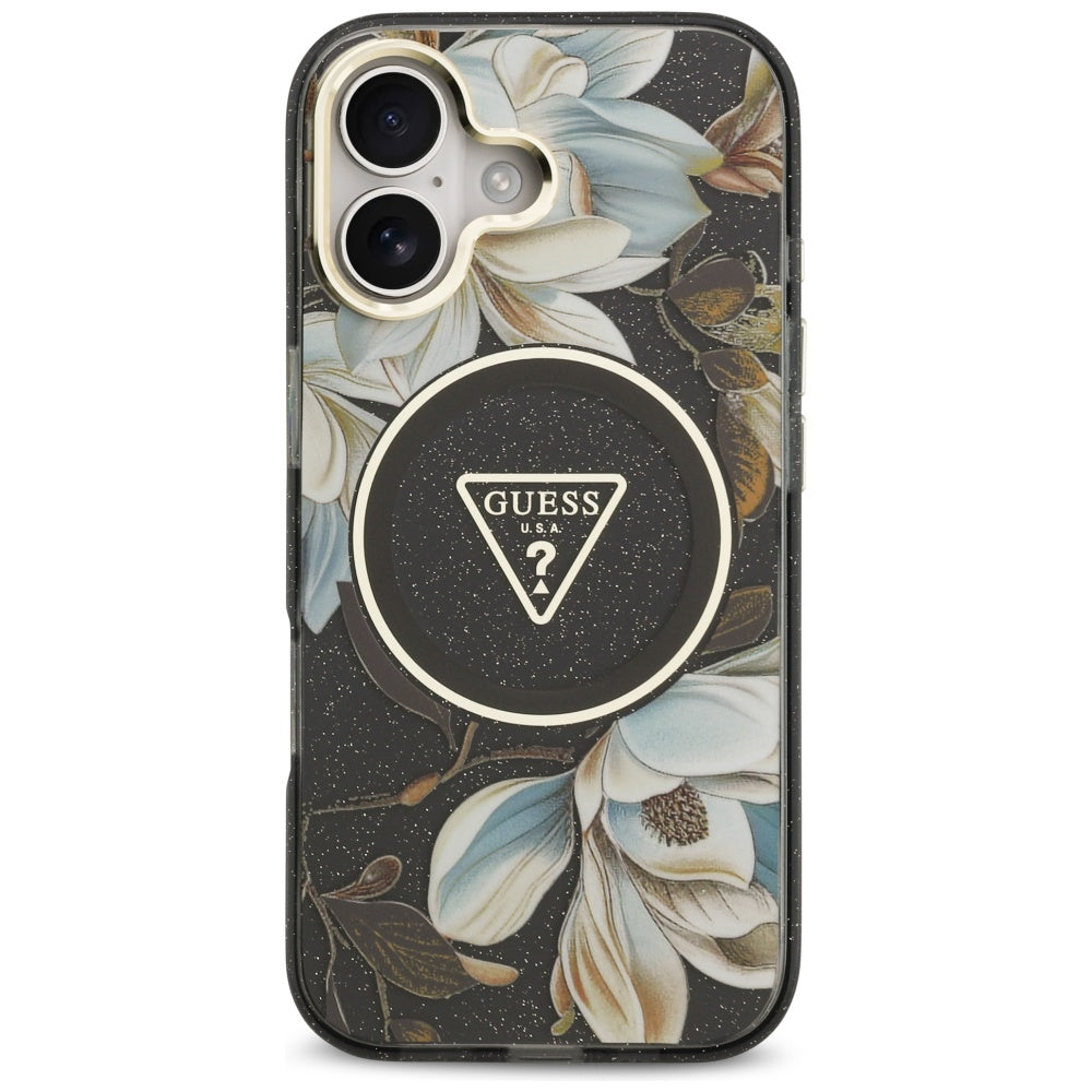 MagSafe-skal för Apple iPhone 17, Guess, IML Metal Glitter Flowers Triangle, Svart