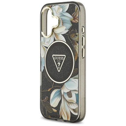 MagSafe-skal för Apple iPhone 17, Guess, IML Metal Glitter Flowers Triangle, Svart