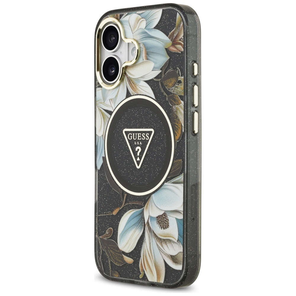 MagSafe-skal för Apple iPhone 17, Guess, IML Metal Glitter Flowers Triangle, Svart