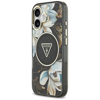 MagSafe-skal för Apple iPhone 17, Guess, IML Metal Glitter Flowers Triangle, Svart