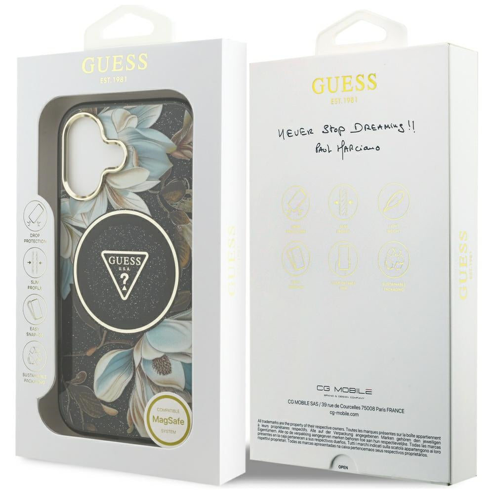 MagSafe-skal för Apple iPhone 17, Guess, IML Metal Glitter Flowers Triangle, Svart