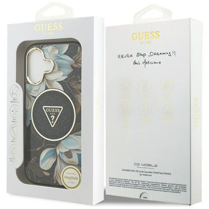 MagSafe-skal för Apple iPhone 17, Guess, IML Metal Glitter Flowers Triangle, Svart