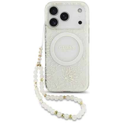 MagSafe-skal för Apple iPhone 17 Pro, Guess, IML Flowers Allover Electroplated with Pearl Strap, Vit
