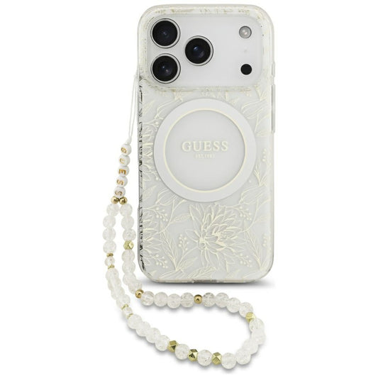 MagSafe-skal för Apple iPhone 17 Pro, Guess, IML Flowers Allover Electroplated with Pearl Strap, Vit