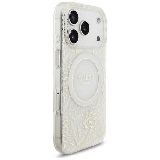 MagSafe-skal för Apple iPhone 17 Pro, Guess, IML Flowers Allover Electroplated with Pearl Strap, Vit