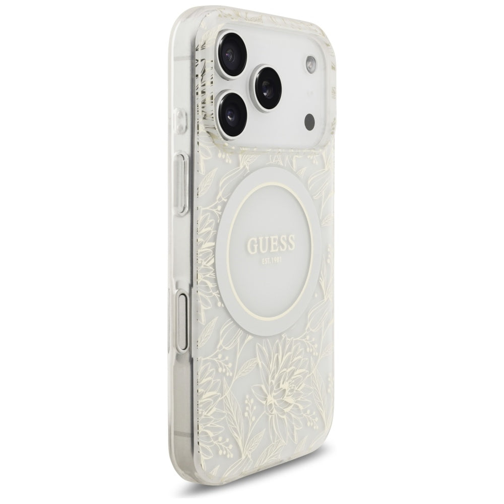 MagSafe-skal för Apple iPhone 17 Pro, Guess, IML Flowers Allover Electroplated with Pearl Strap, Vit