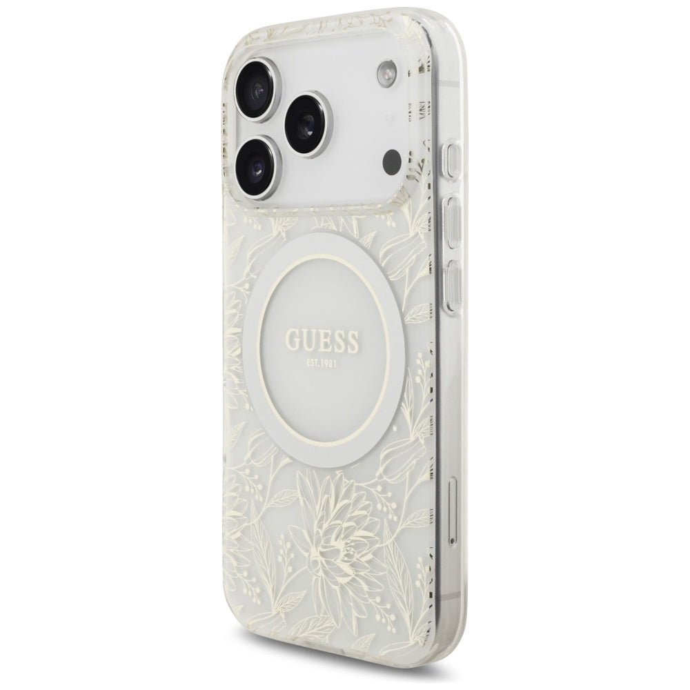MagSafe-skal för Apple iPhone 17 Pro, Guess, IML Flowers Allover Electroplated with Pearl Strap, Vit