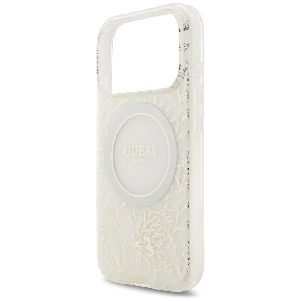 MagSafe-skal för Apple iPhone 17 Pro, Guess, IML Flowers Allover Electroplated with Pearl Strap, Vit