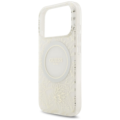 MagSafe-skal för Apple iPhone 17 Pro, Guess, IML Flowers Allover Electroplated with Pearl Strap, Vit
