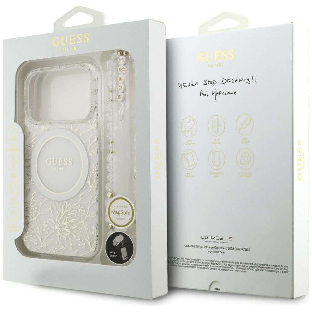 MagSafe-skal för Apple iPhone 17 Pro, Guess, IML Flowers Allover Electroplated with Pearl Strap, Vit