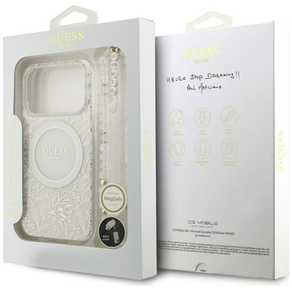 MagSafe-skal för Apple iPhone 17 Pro, Guess, IML Flowers Allover Electroplated with Pearl Strap, Vit