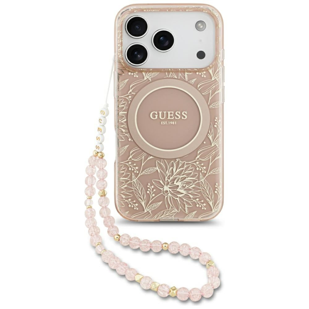 MagSafe-skal för Apple iPhone 17 Pro, Guess, IML Flowers Allover Electroplated with Pearl Strap, Rosa