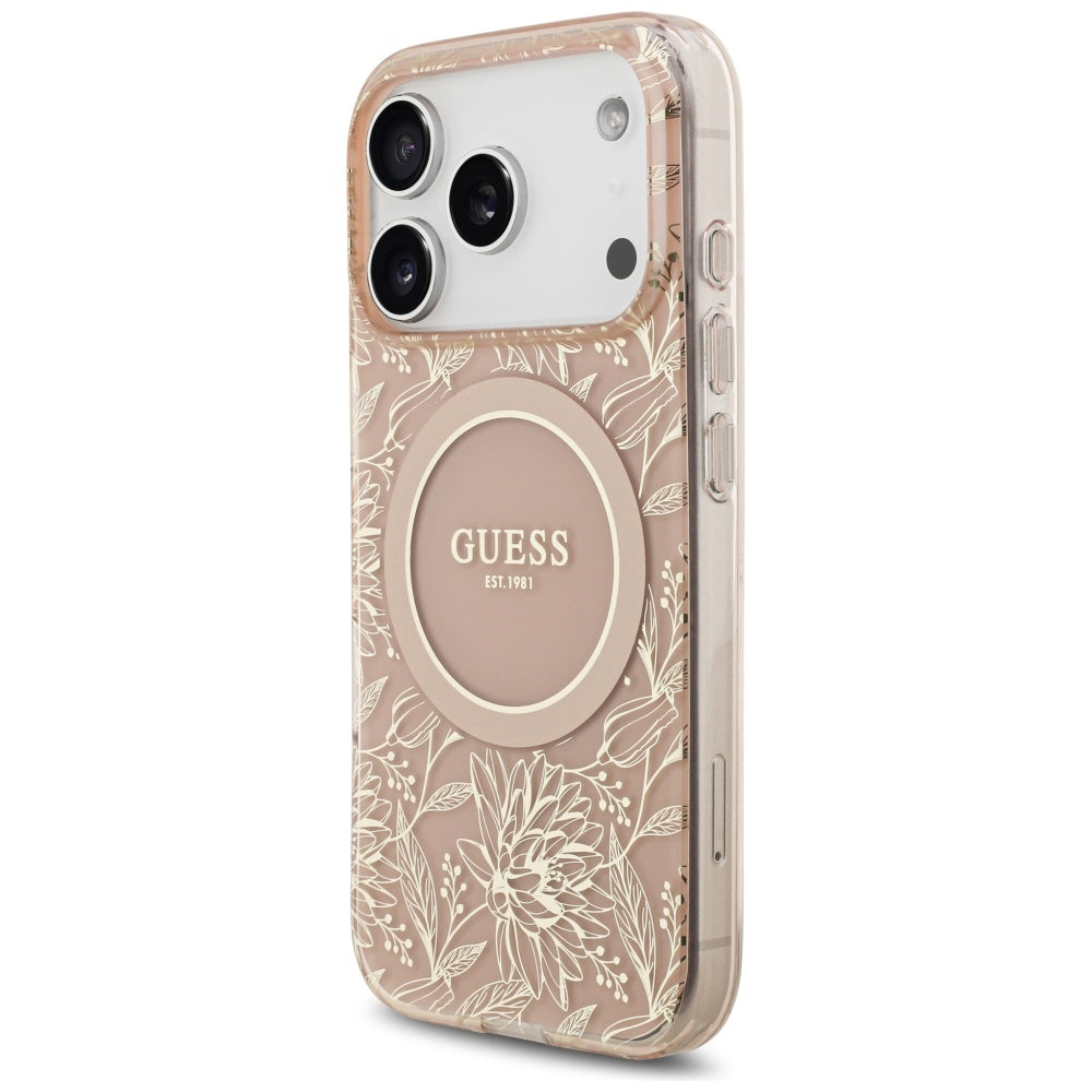 MagSafe-skal för Apple iPhone 17 Pro, Guess, IML Flowers Allover Electroplated with Pearl Strap, Rosa