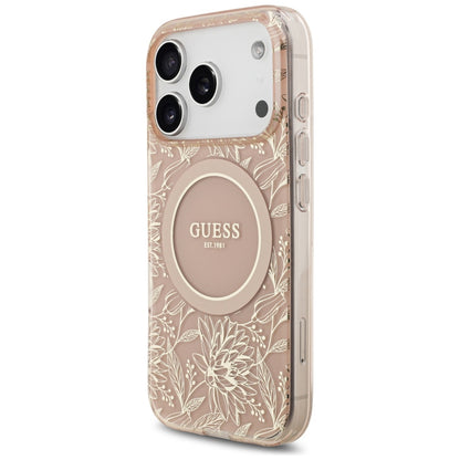 MagSafe-skal för Apple iPhone 17 Pro, Guess, IML Flowers Allover Electroplated with Pearl Strap, Rosa