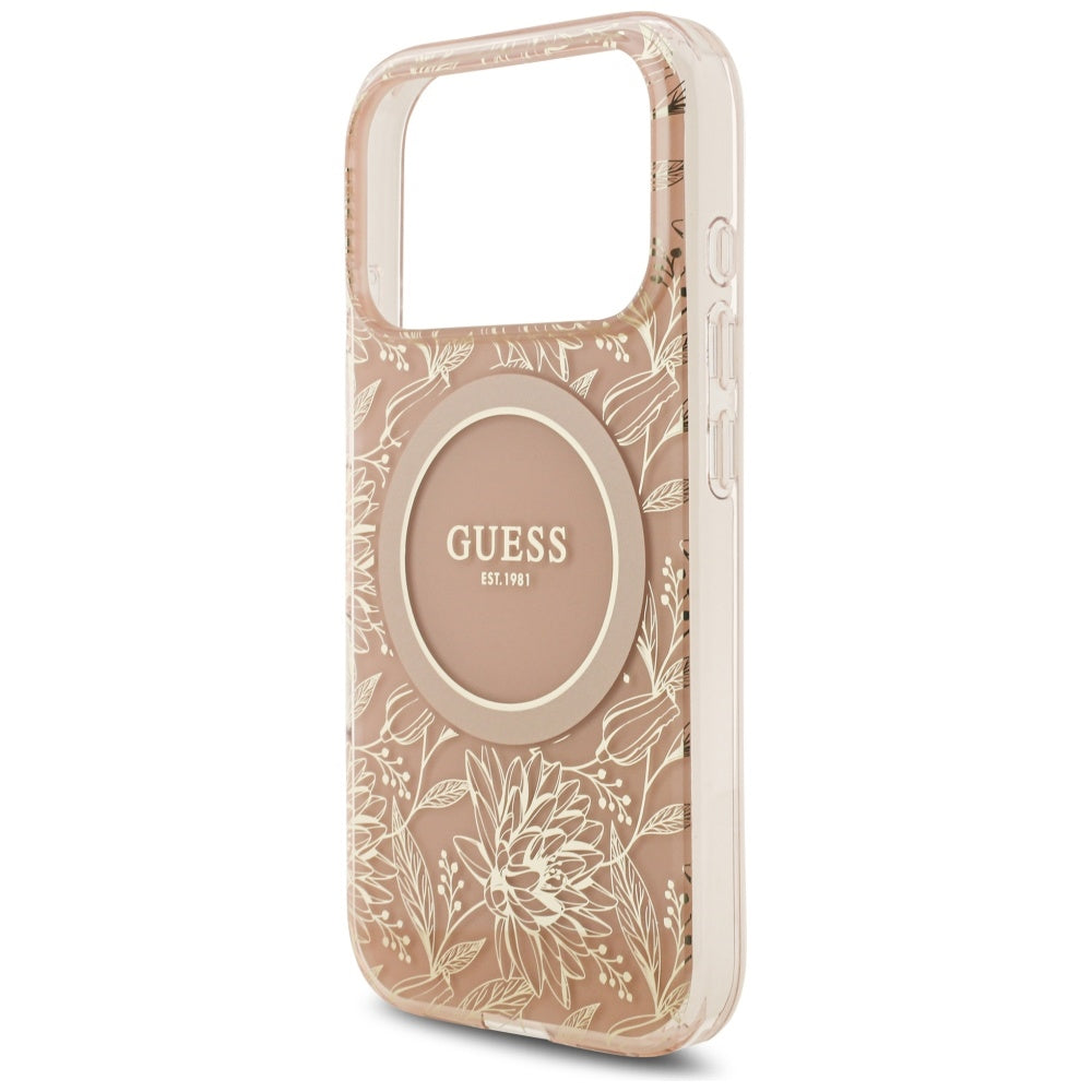 MagSafe-skal för Apple iPhone 17 Pro, Guess, IML Flowers Allover Electroplated with Pearl Strap, Rosa