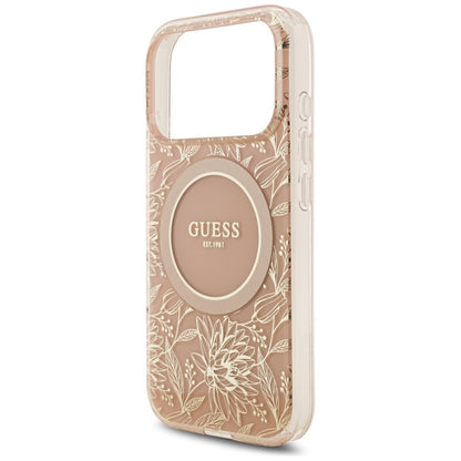 MagSafe-skal för Apple iPhone 17 Pro, Guess, IML Flowers Allover Electroplated with Pearl Strap, Rosa