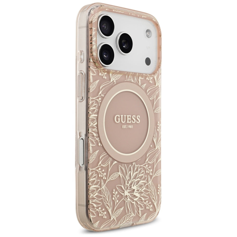 MagSafe-skal för Apple iPhone 17 Pro, Guess, IML Flowers Allover Electroplated with Pearl Strap, Rosa