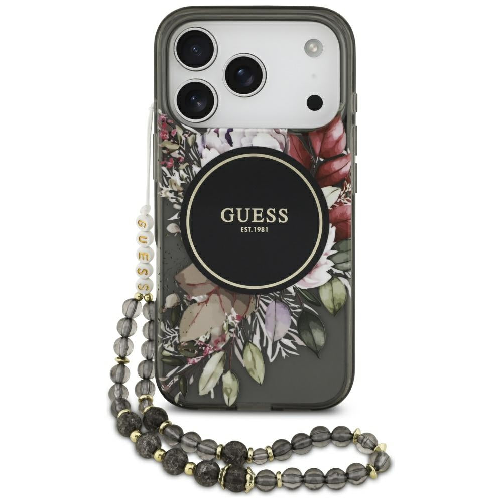MagSafe-skal för Apple iPhone 17 Pro, Guess, IML Flowers with Pearl Strap, Svart