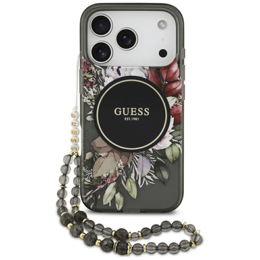 MagSafe-skal för Apple iPhone 17 Pro, Guess, IML Flowers with Pearl Strap, Svart