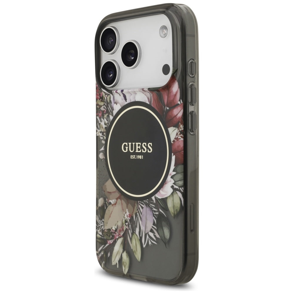 MagSafe-skal för Apple iPhone 17 Pro, Guess, IML Flowers with Pearl Strap, Svart