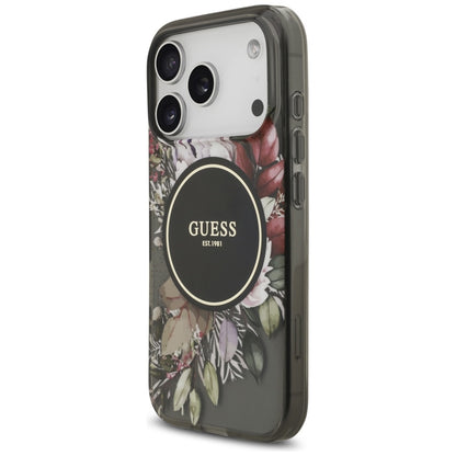 MagSafe-skal för Apple iPhone 17 Pro, Guess, IML Flowers with Pearl Strap, Svart
