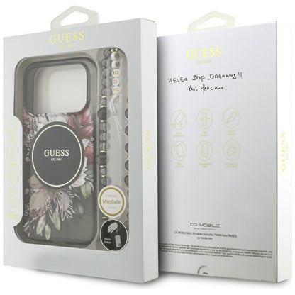 MagSafe-skal för Apple iPhone 17 Pro, Guess, IML Flowers with Pearl Strap, Svart