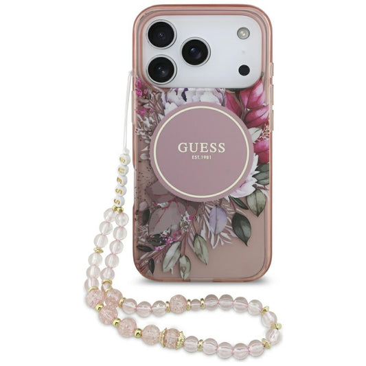 MagSafe-skal för Apple iPhone 17 Pro, Guess, IML Flowers with Pearl Strap, Rosa
