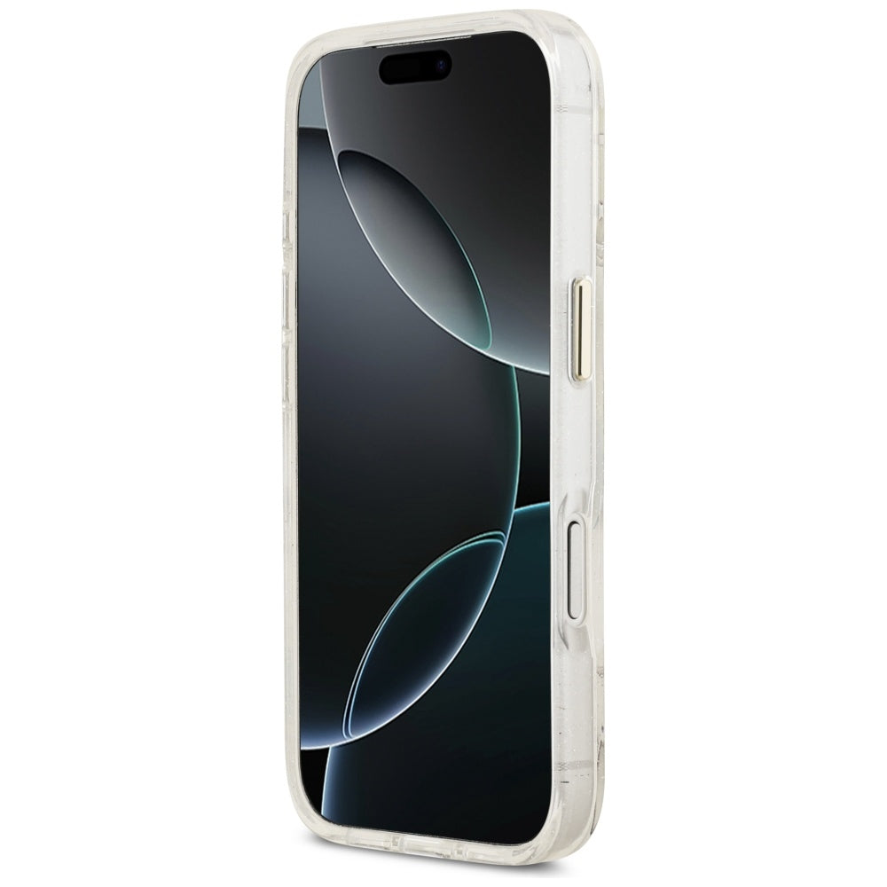 MagSafe-skal för Apple iPhone 17 Pro, Guess, IML Metal Glitter Flowers Triangle, Vit