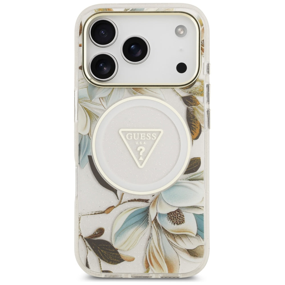 MagSafe-skal för Apple iPhone 17 Pro, Guess, IML Metal Glitter Flowers Triangle, Vit