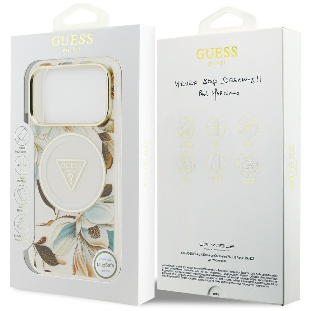 MagSafe-skal för Apple iPhone 17 Pro, Guess, IML Metal Glitter Flowers Triangle, Vit