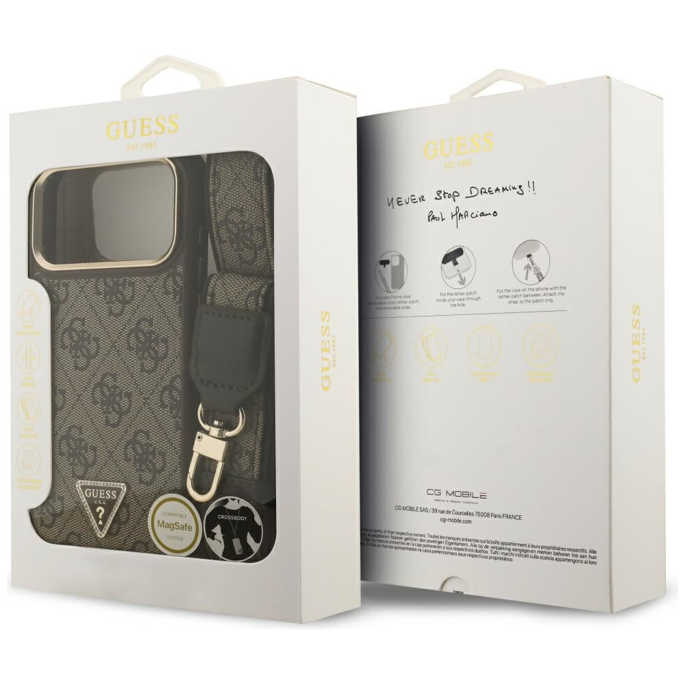MagSafe-fodral för Apple iPhone 17 Pro Max, Guess, 4G Triangle Logo with Big Strap, Brun