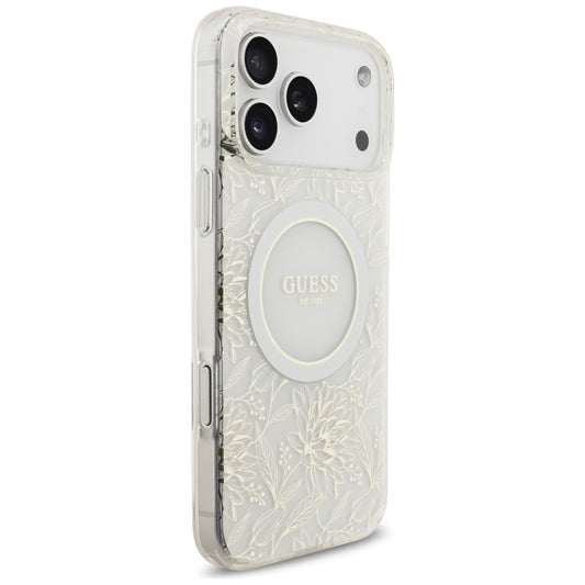 MagSafe-skal för Apple iPhone 17 Pro Max, Guess, IML Flowers Allover Electroplated with Pearl Strap, Vit