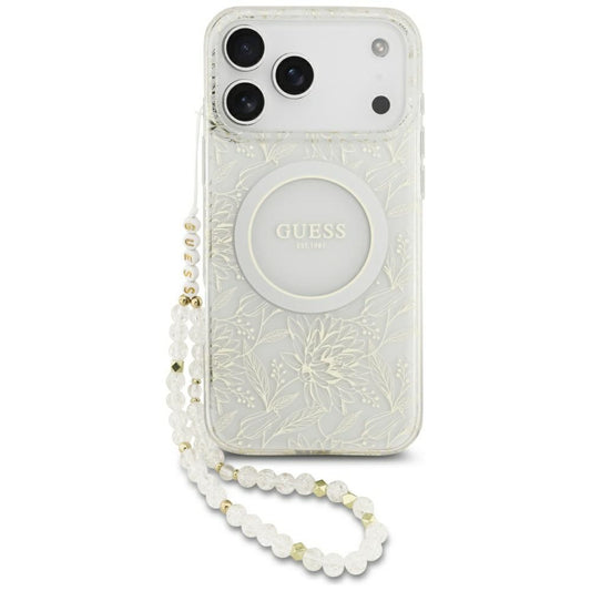 MagSafe-skal för Apple iPhone 17 Pro Max, Guess, IML Flowers Allover Electroplated with Pearl Strap, Vit