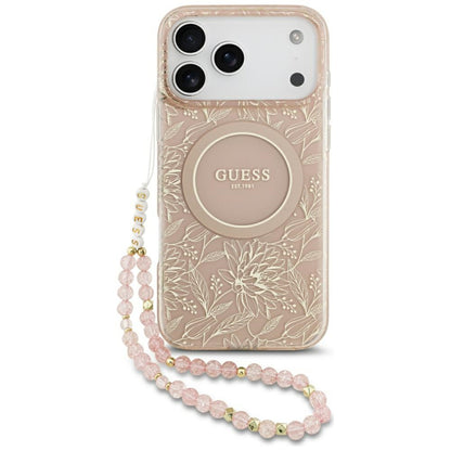 MagSafe-skal för Apple iPhone 17 Pro Max, Guess, IML Flowers Allover Electroplated with Pearl Strap, Rosa