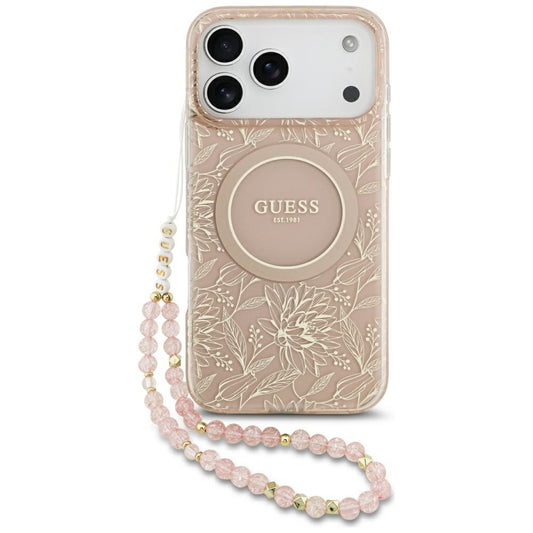 MagSafe-skal för Apple iPhone 17 Pro Max, Guess, IML Flowers Allover Electroplated with Pearl Strap, Rosa