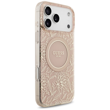 MagSafe-skal för Apple iPhone 17 Pro Max, Guess, IML Flowers Allover Electroplated with Pearl Strap, Rosa
