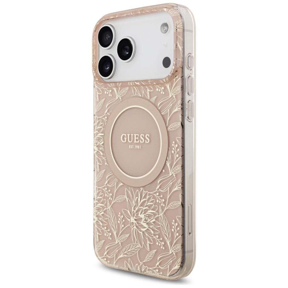 MagSafe-skal för Apple iPhone 17 Pro Max, Guess, IML Flowers Allover Electroplated with Pearl Strap, Rosa