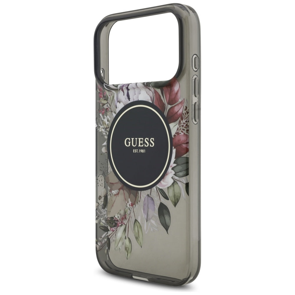 MagSafe-fodral för Apple iPhone 17 Pro Max, Guess, IML Flowers with Pearl Strap, Svart