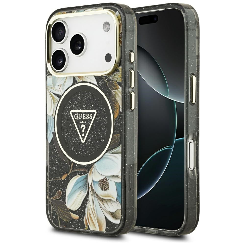 MagSafe-fodral för Apple iPhone 17 Pro Max, Guess, IML Metal Glitter Flowers Triangle, Svart