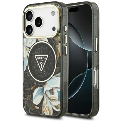MagSafe-fodral för Apple iPhone 17 Pro Max, Guess, IML Metal Glitter Flowers Triangle, Svart