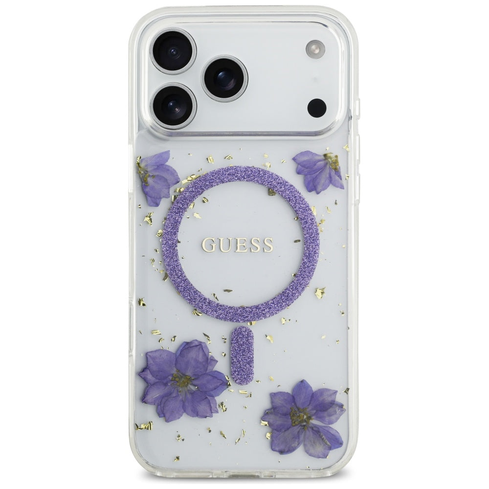 MagSafe-skal för Apple iPhone 17 Pro Max, Guess, Resin Flowers and Glitter, Lila
