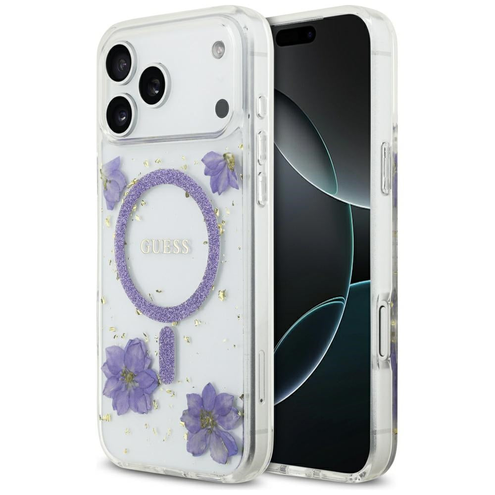 MagSafe-skal för Apple iPhone 17 Pro Max, Guess, Resin Flowers and Glitter, Lila