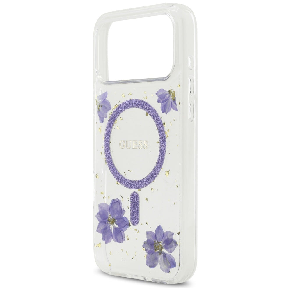 MagSafe-skal för Apple iPhone 17 Pro Max, Guess, Resin Flowers and Glitter, Lila