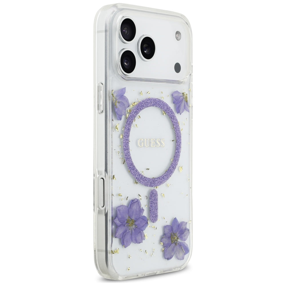 MagSafe-skal för Apple iPhone 17 Pro Max, Guess, Resin Flowers and Glitter, Lila