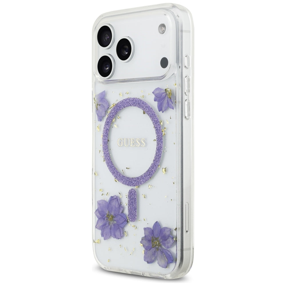 MagSafe-skal för Apple iPhone 17 Pro Max, Guess, Resin Flowers and Glitter, Lila